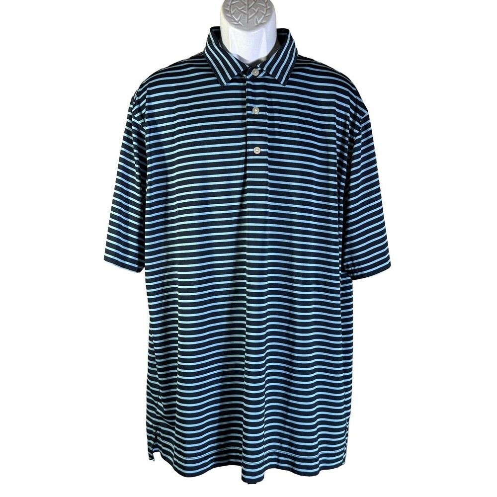 FJ FOOTJOY Men's Short Sleeve Button Down Striped Golf Polo Shirt Blue XL